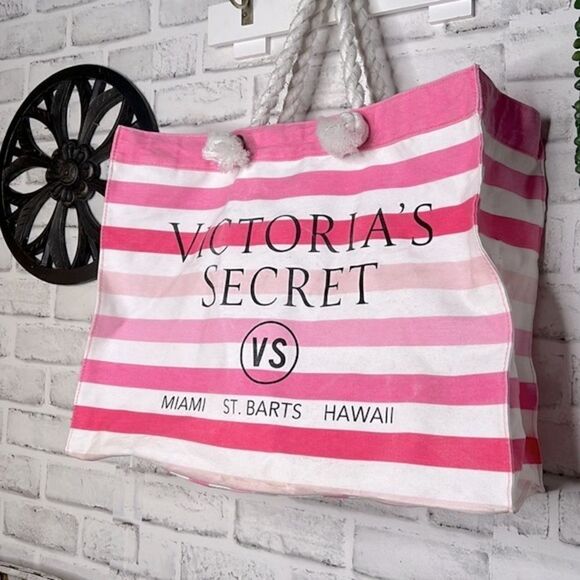 Victoria’s Secret Pink & White Striped Tote Bag Rope Handles Beach Pool - Picture 3 of 6